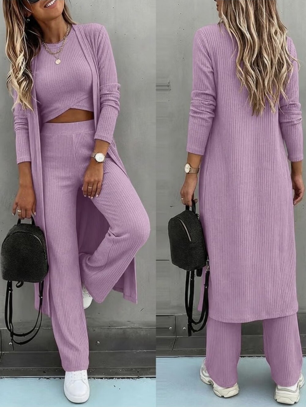 3pcs Knit Set Long Cardigan Criss Cross Crop Tank Top and Pants Lounge Set